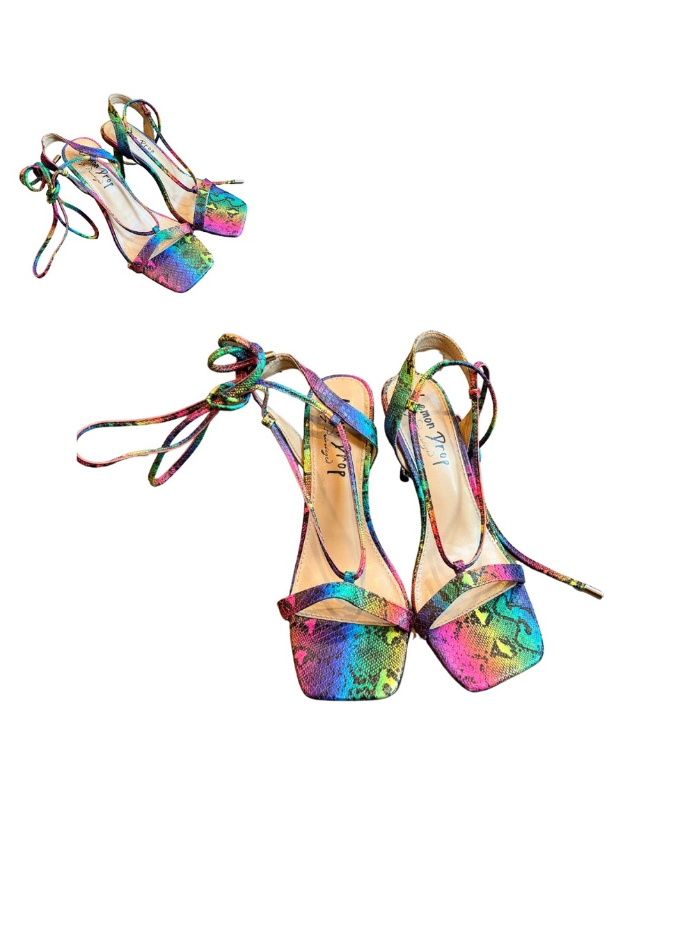 Multicolor Rainbow Snake-Print Ankle-Tie Platform Heels